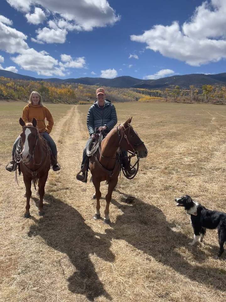 Fern May and Luke Brendel of 2 Mittens Farm on horseback